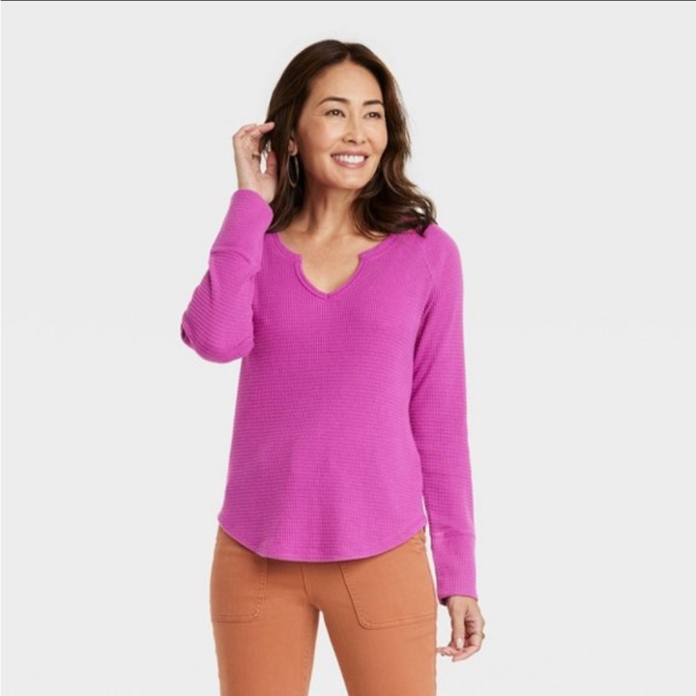 Women’s Long Sleeve Notch Neck Thermal Top by Knox Rose in Berry Purple XL